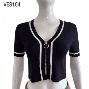 2023 Hot selling black and white striped knit zippered short jacket Short sleeved slim knit V-neck cardigan Women's sexy striped sweater